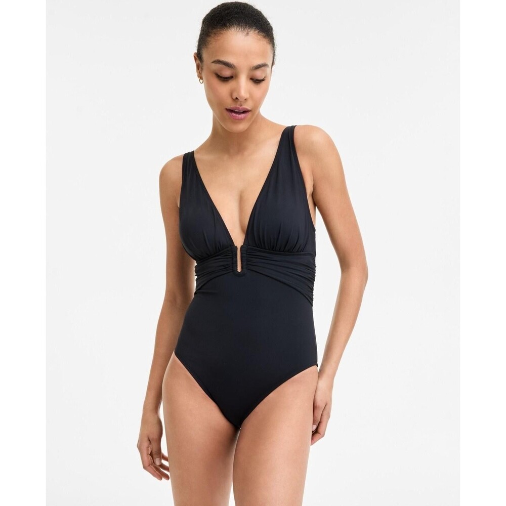 Bleu Rod Beattie Swimsuit Womens 12 Black One Piece Plunge Ruched RBKK25776